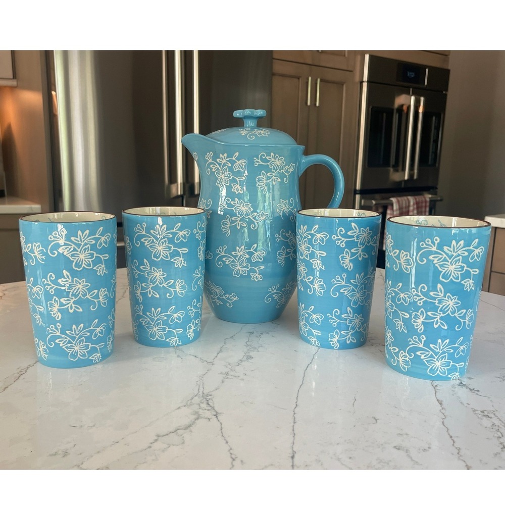 Temp-tations Floral Lace 5pc Ceramic 2qt Pitcher and 16oz Tumbler Set Sky Blue